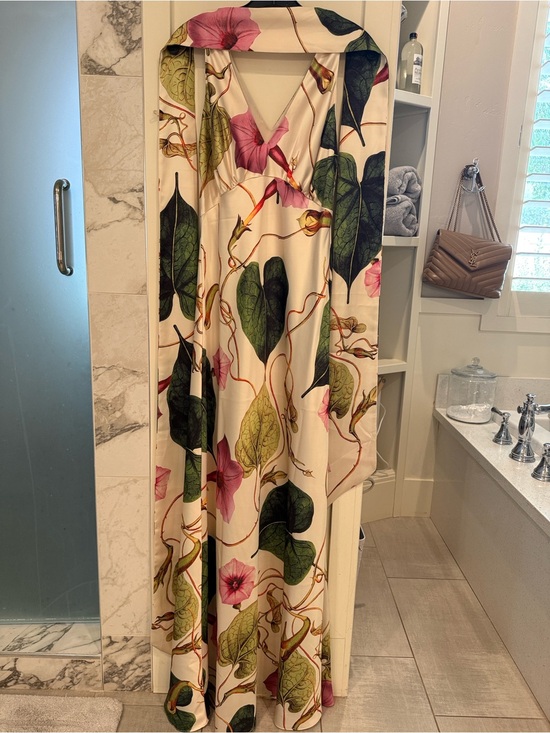 vasiliki Dresses & Skirts - Floral V-Neck Maxi Dress/Gown  in Cream with Pink & Green Print